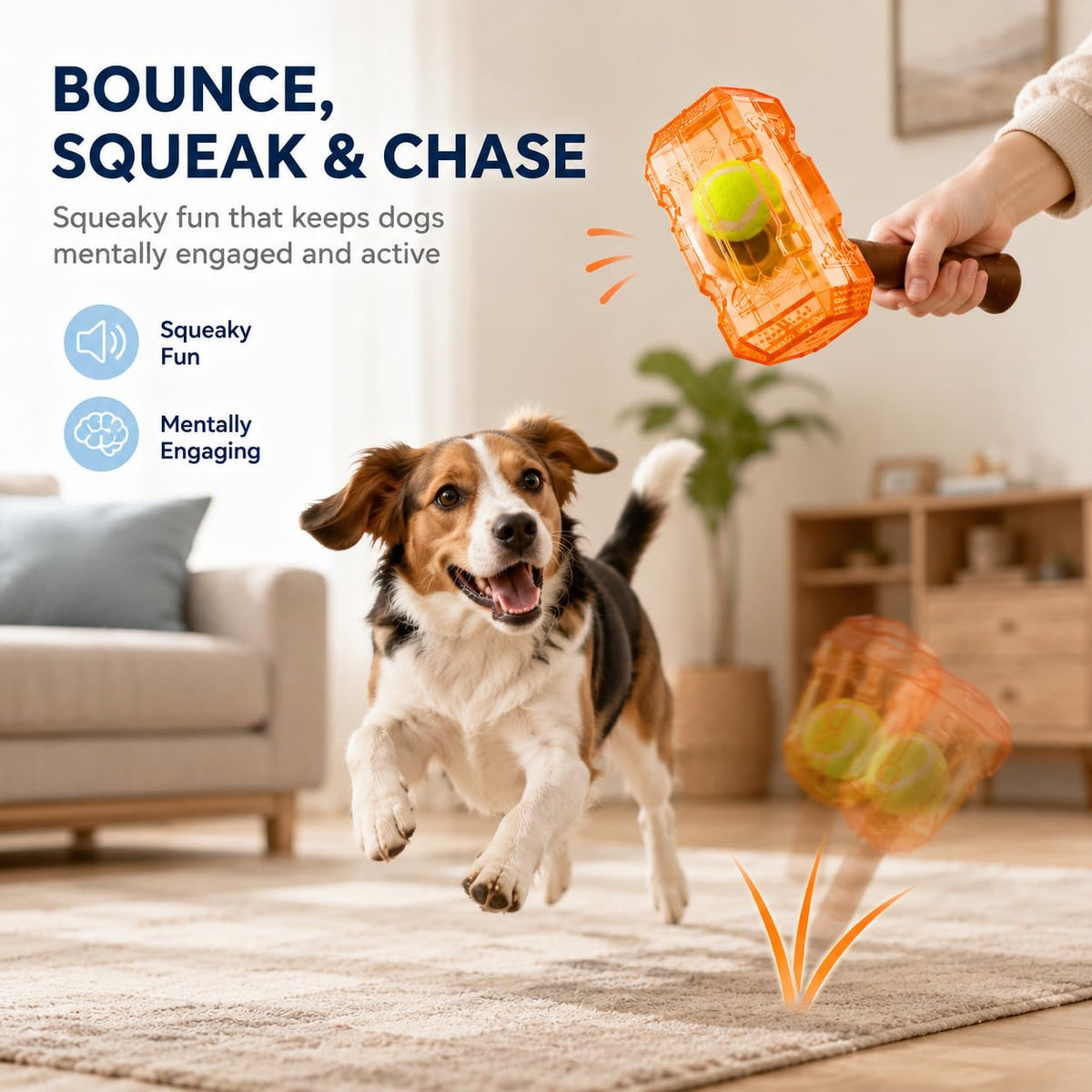 Orange tennis ball bottle dog chew toy with brown handle and tennis ball inside