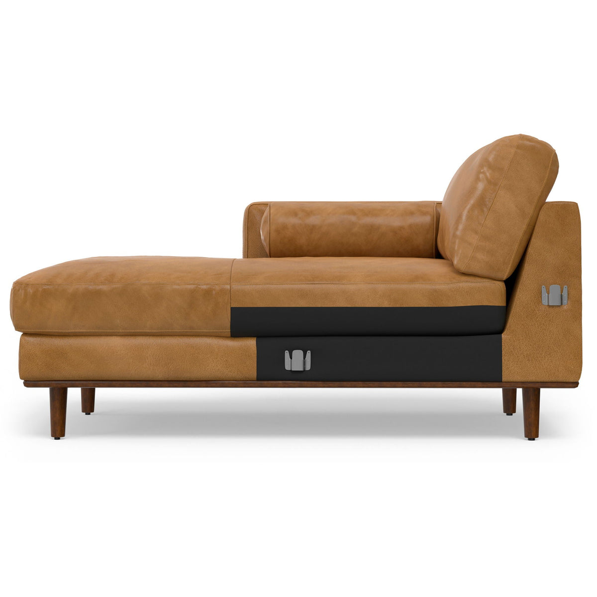 Tan upholstered sectional sofa with chaise and dark fabric side panel accents