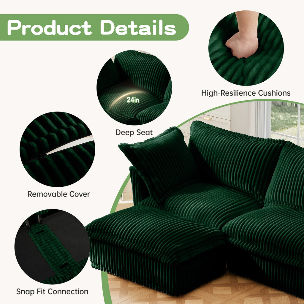 Green ribbed L-shaped sectional sofa with deep seat and removable cover detail.