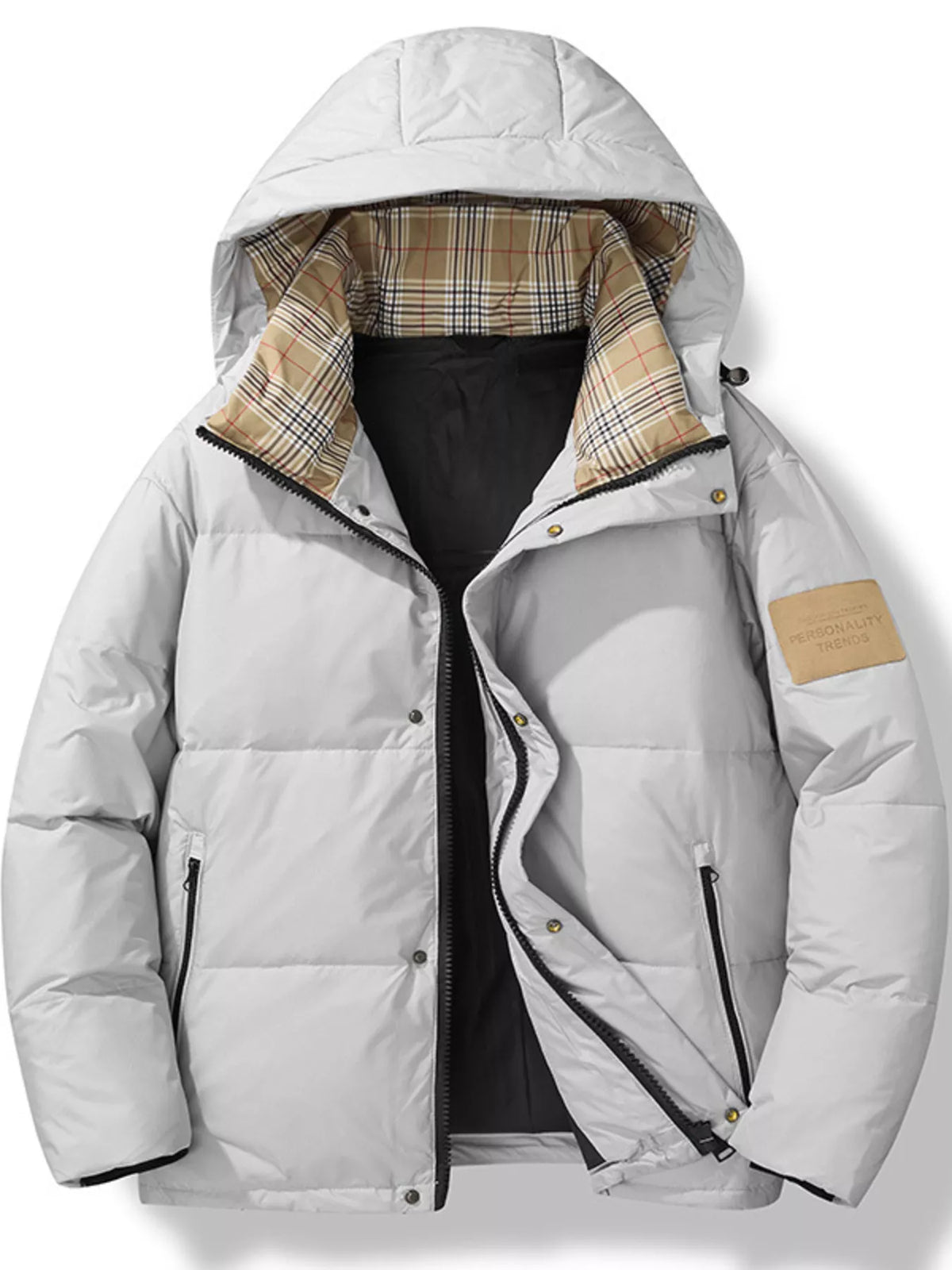 Men's plus-size light gray padded hooded puffer jacket with quilted panels and zip front