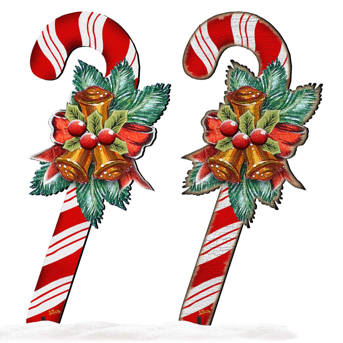 Pair of Christmas candy cane outdoor decor signs with bow and pinecone accents