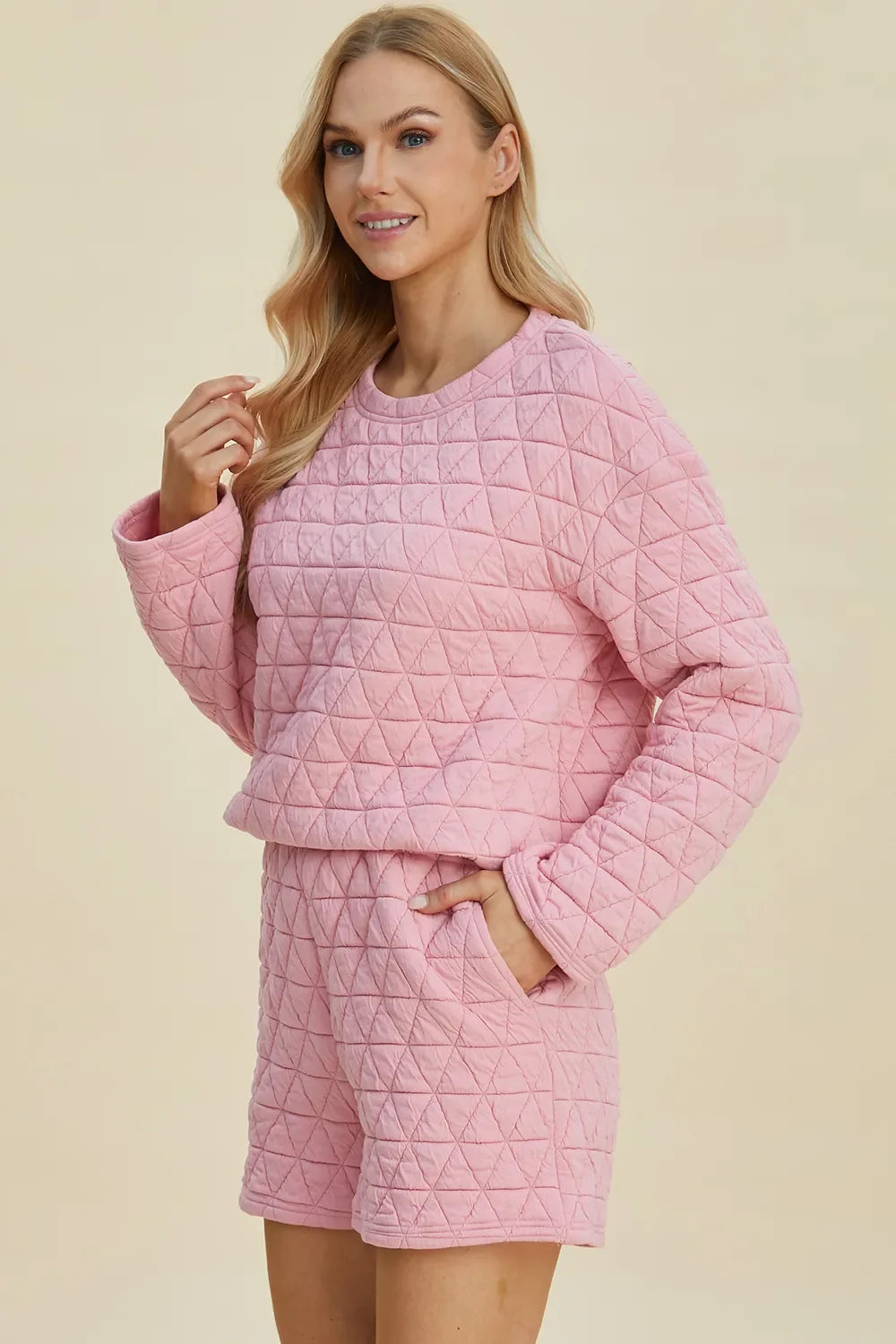 Pink textured long-sleeve top and shorts set with side bow detail