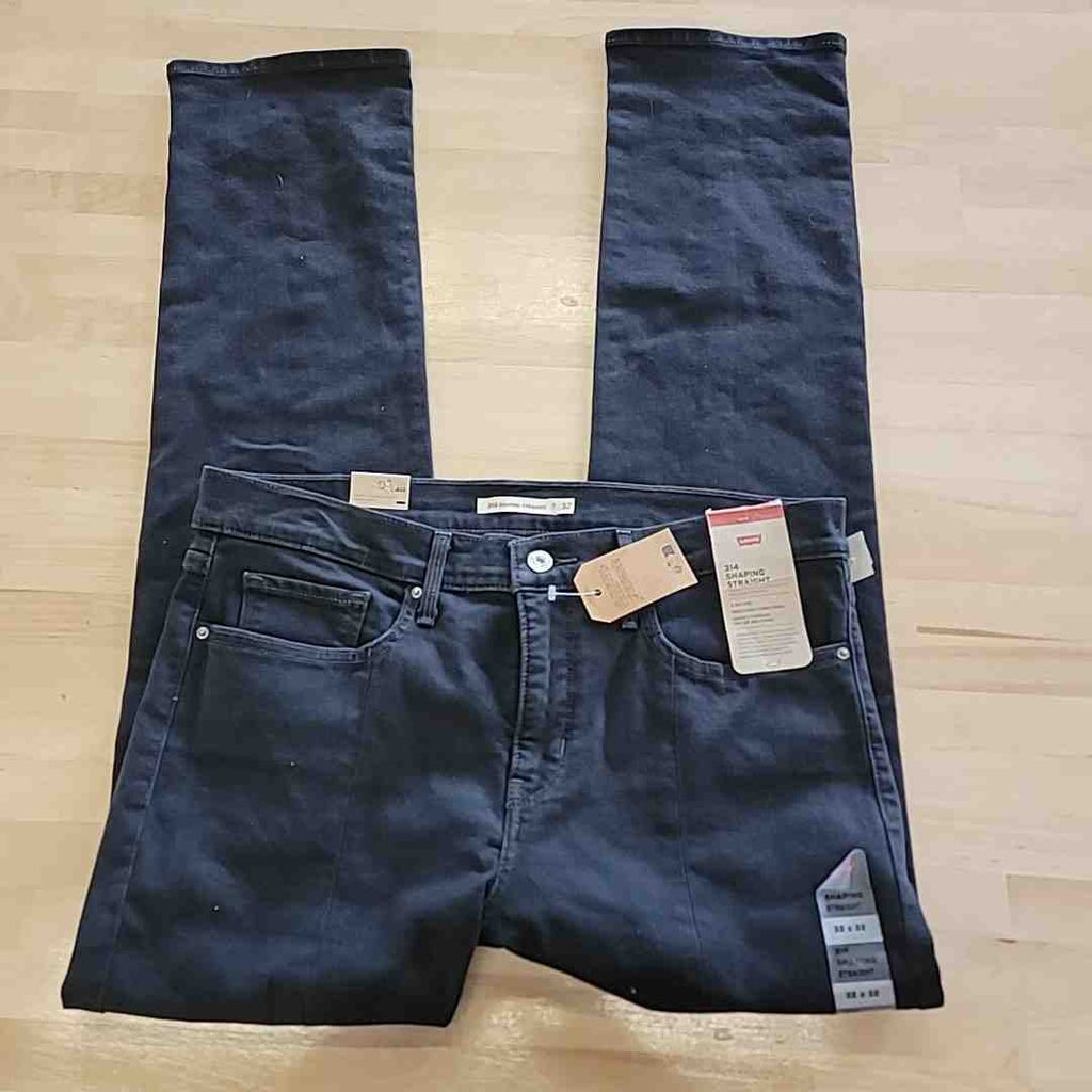 Dark blue straight-leg jeans with belt loops, button fly, and attached tags