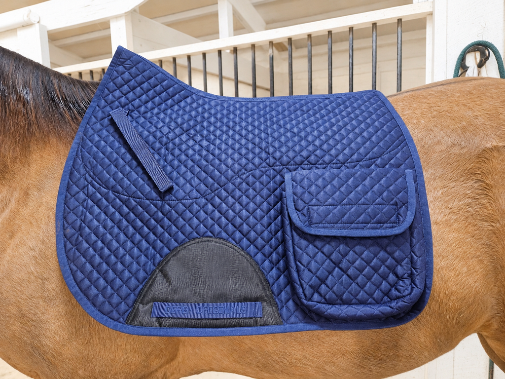 Blue quilted English saddle pad on a horse, half fleece lining and side pocket