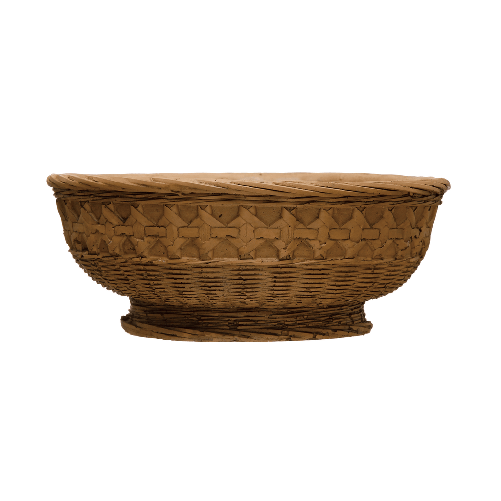 Decorative cement planter bowl in dark brown with woven debossed pattern and flared rim