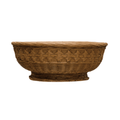 Decorative cement planter bowl in dark brown with woven debossed pattern and flared rim