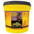 Yellow horse hoof care powder tub with dark lid and horse head logo on label