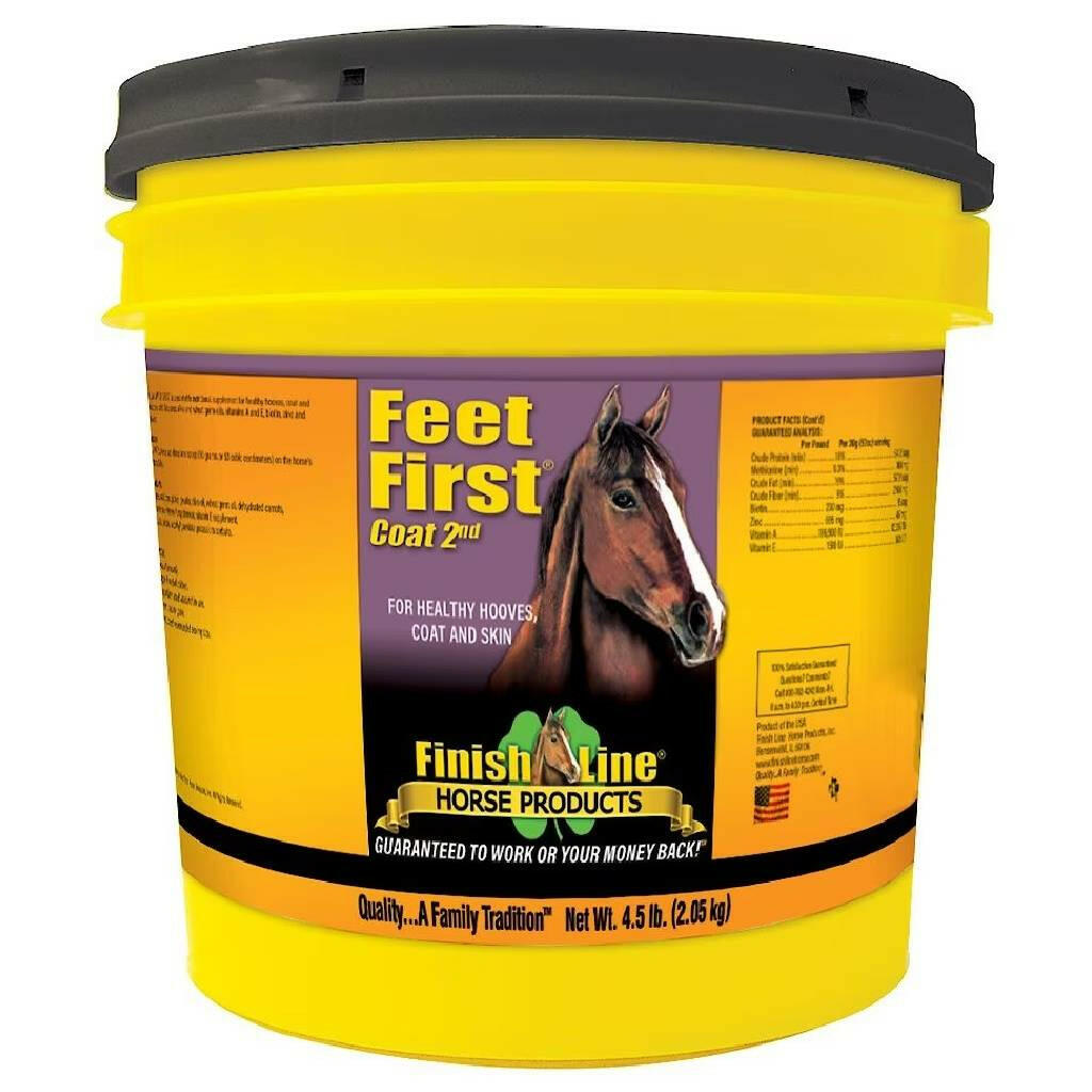 Yellow horse hoof care powder tub with dark lid and horse head logo on label