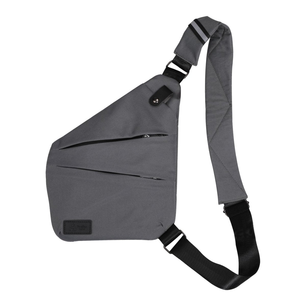 Smell-proof crossbody bag in dark gray with front flap and adjustable shoulder strap