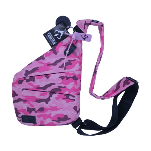 Smell-proof crossbody bag in pink camouflage with black adjustable strap