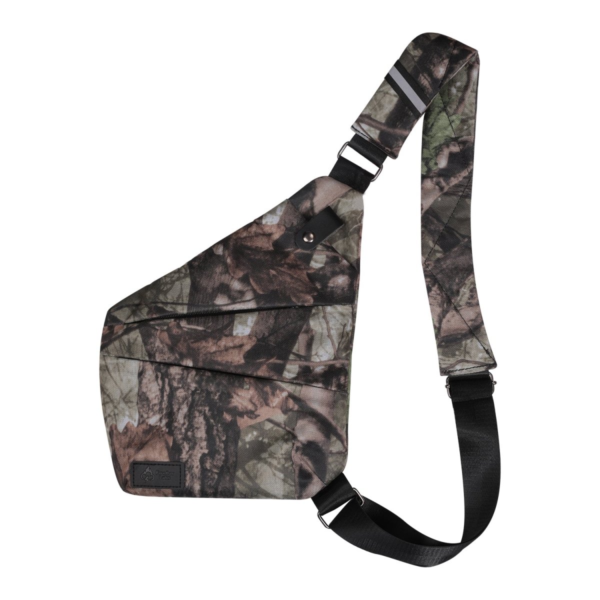 Smell-proof crossbody bag in forest camo with front flap and adjustable shoulder strap