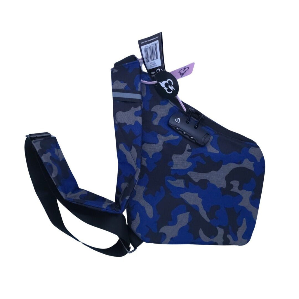 Smell-proof crossbody bag in blue camouflage with black strap and hang tag