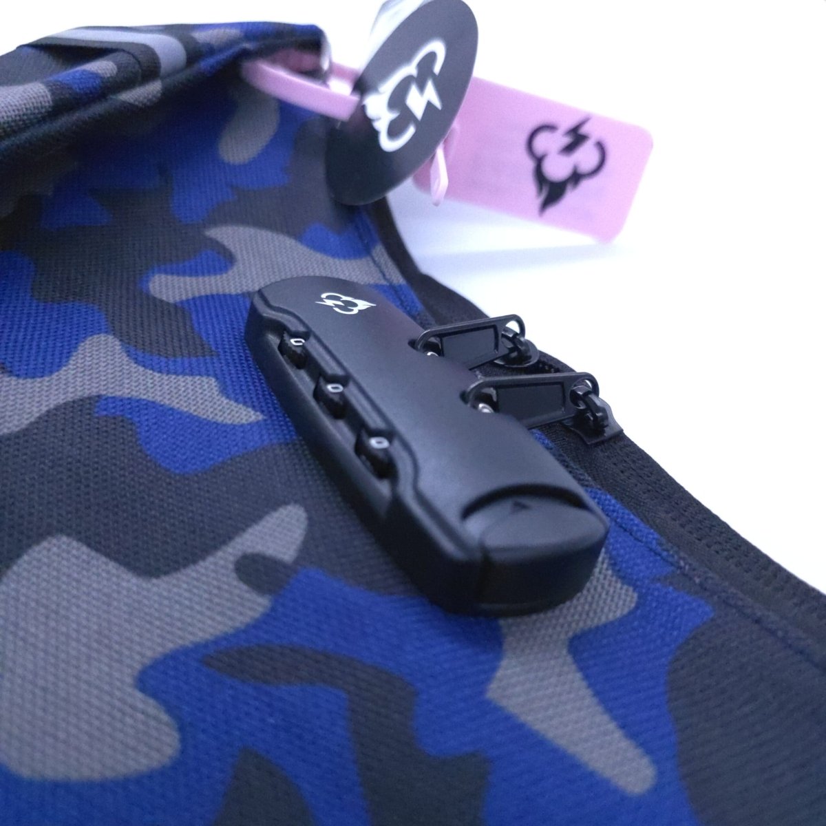 Smell-proof crossbody bag with blue camouflage fabric and visible hidden lock panel