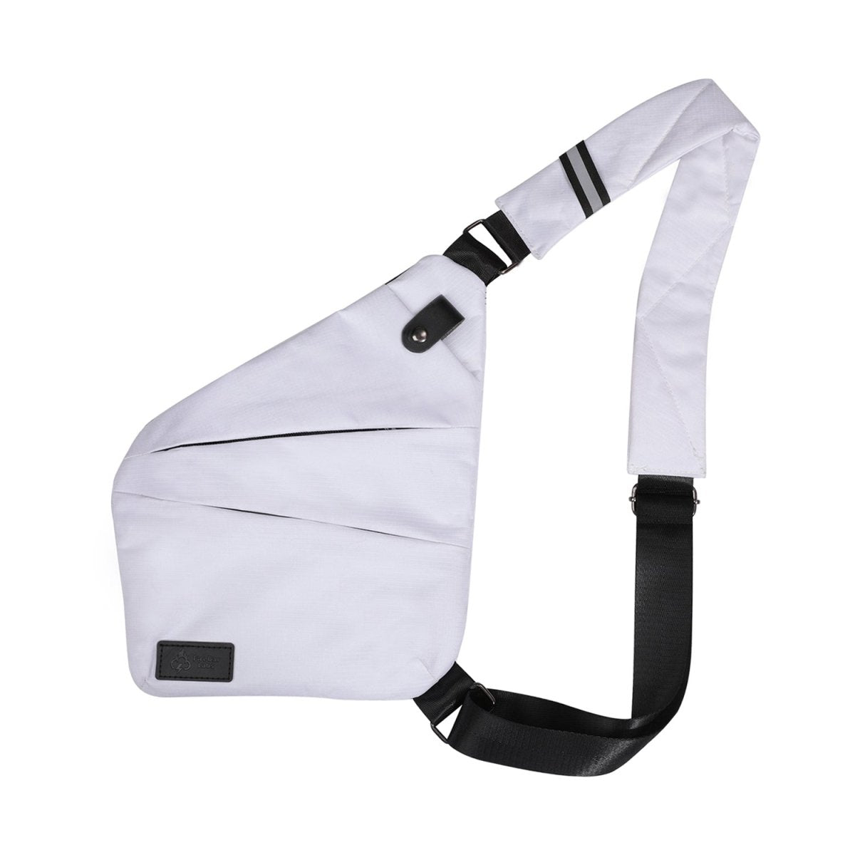 Smell-proof crossbody bag in white with front flap, black strap, and top carry handle