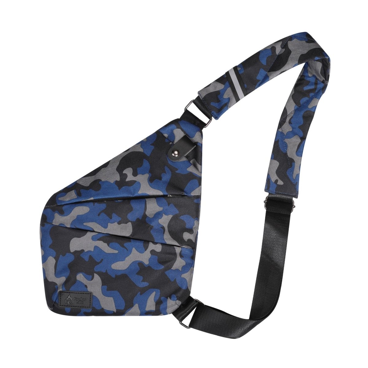 Smell-proof crossbody bag in blue camo with front flap and adjustable shoulder strap