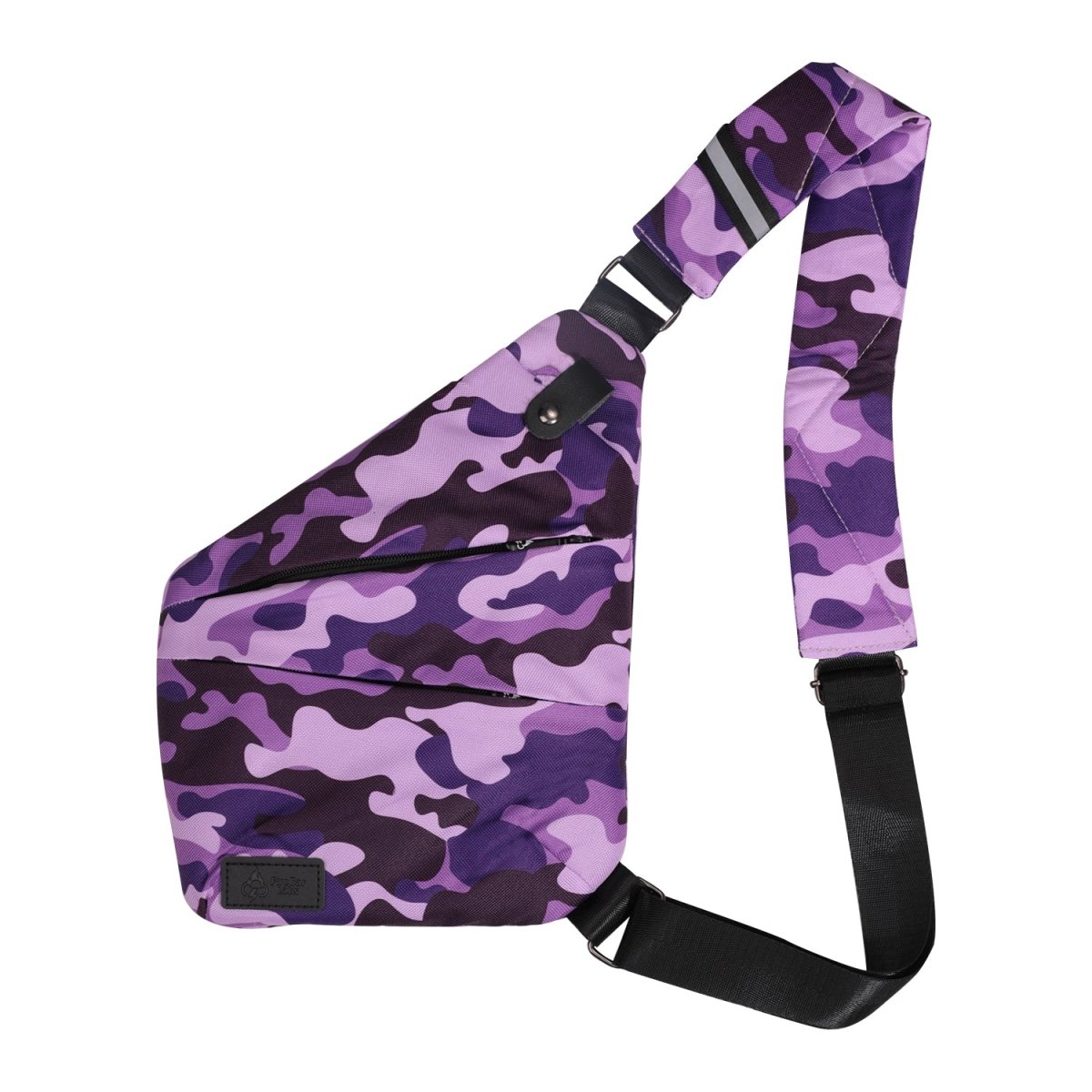 Smell-proof crossbody bag in purple camo with front flap and adjustable shoulder strap