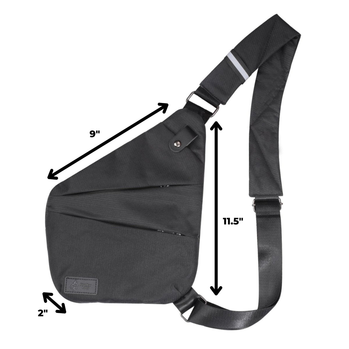 Smell-proof crossbody bag in dark black, shown with front dimensions and adjustable strap