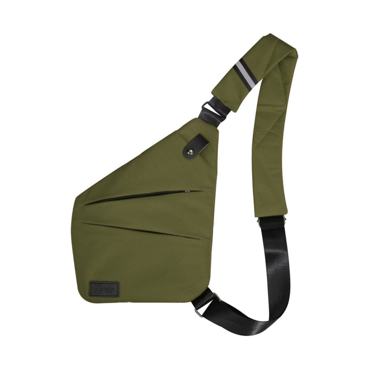 Smell-proof crossbody bag in olive green with front flap and adjustable shoulder strap