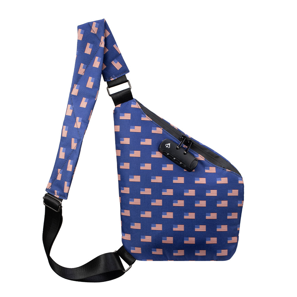 Blue patterned crossbody bag with adjustable strap and hidden lock front panel