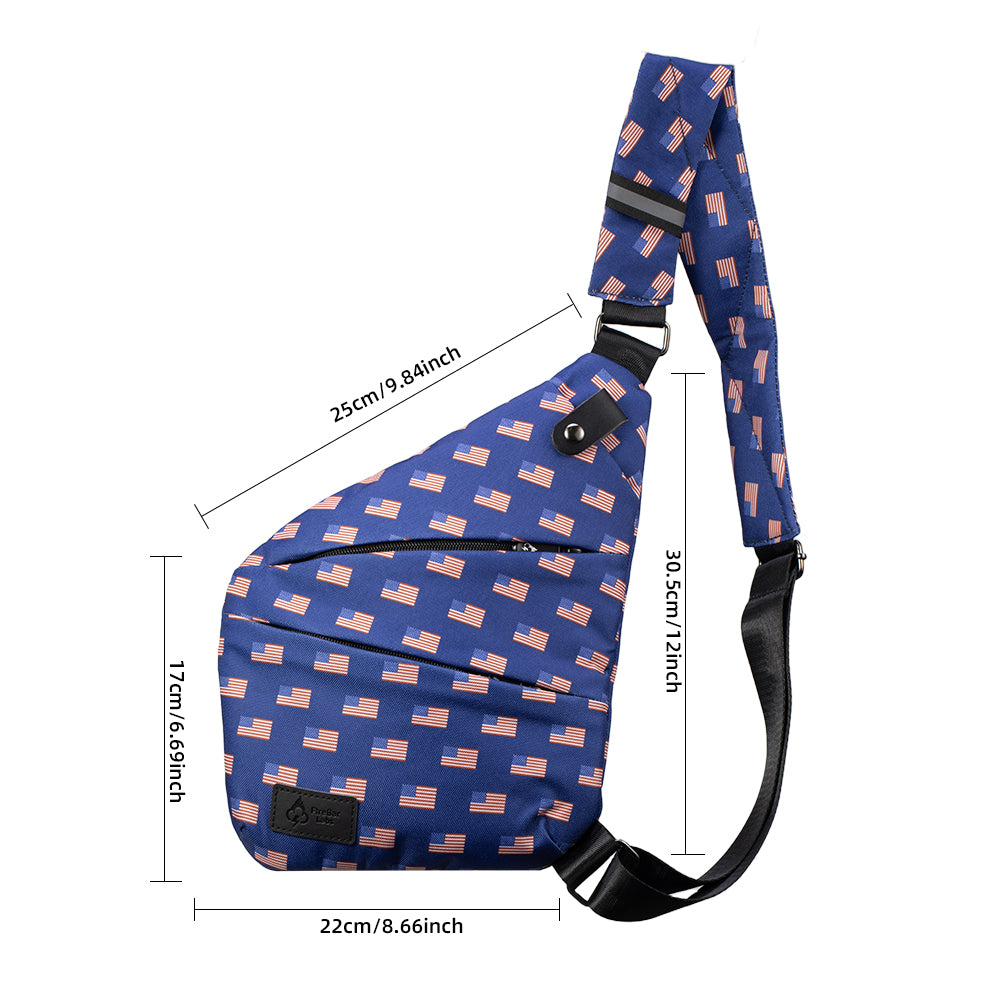 Crossbody sling bag, blue and red pattern, adjustable webbing strap and front buckle