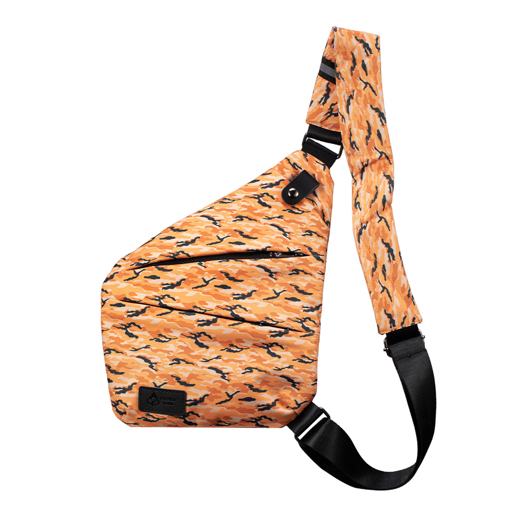 Orange camouflage crossbody bag with black strap and hidden lock front panel