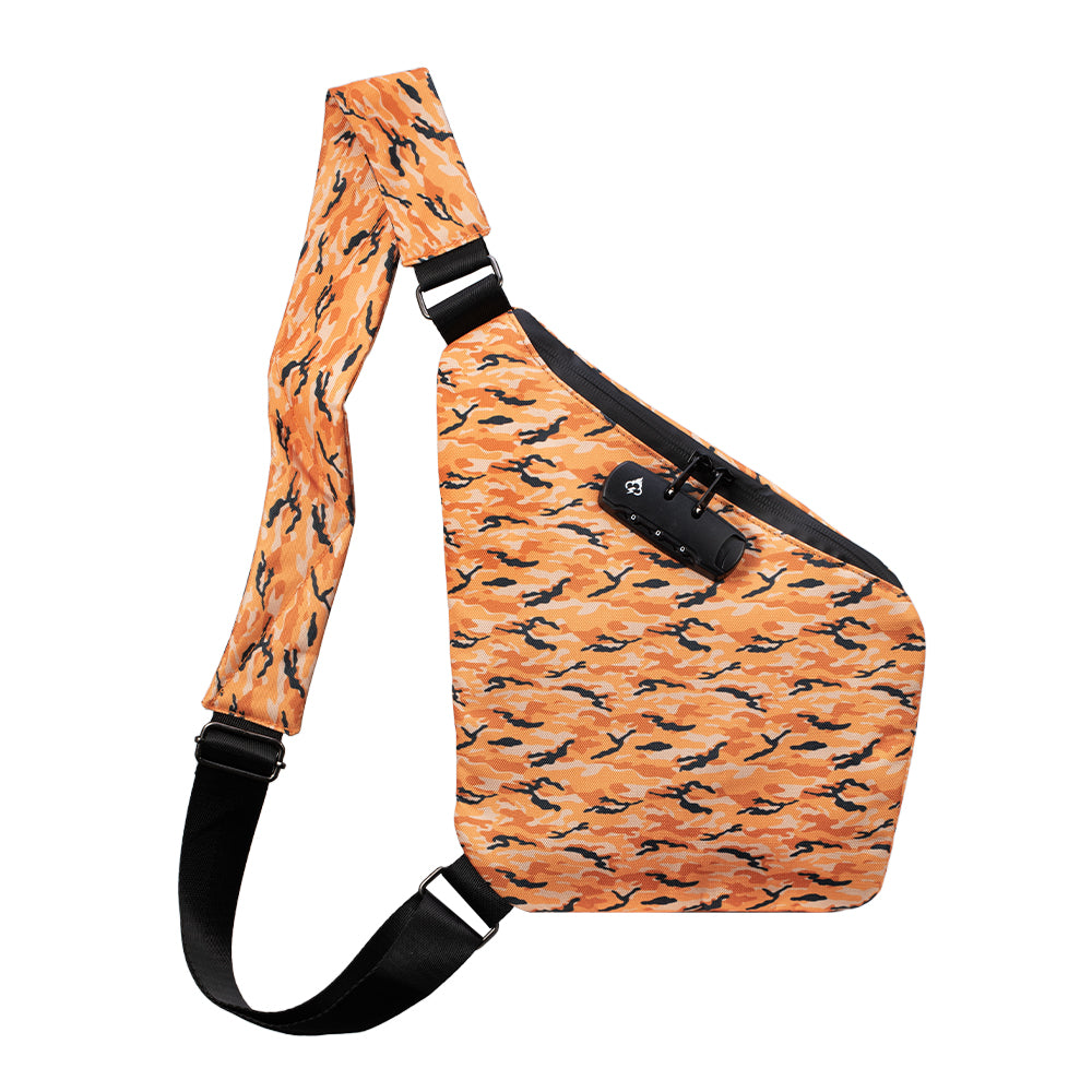 Orange camouflage crossbody bag with black adjustable straps and front hidden lock panel