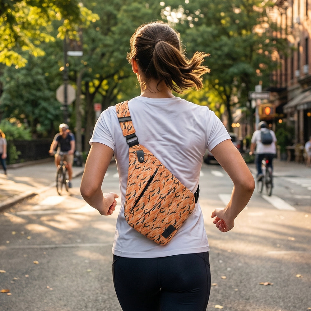 Orange camouflage crossbody bag worn on back with black strap over white T-shirt