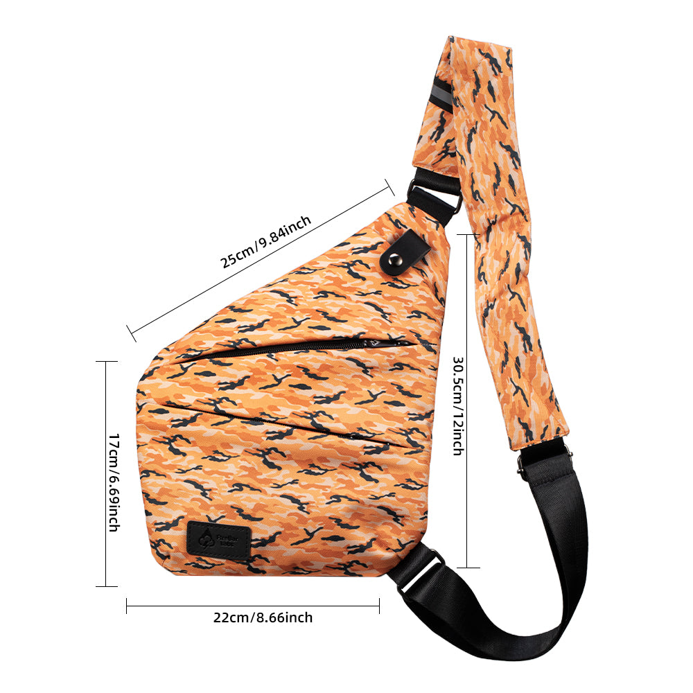 Orange camouflage crossbody bag with black strap, labeled dimensions for size