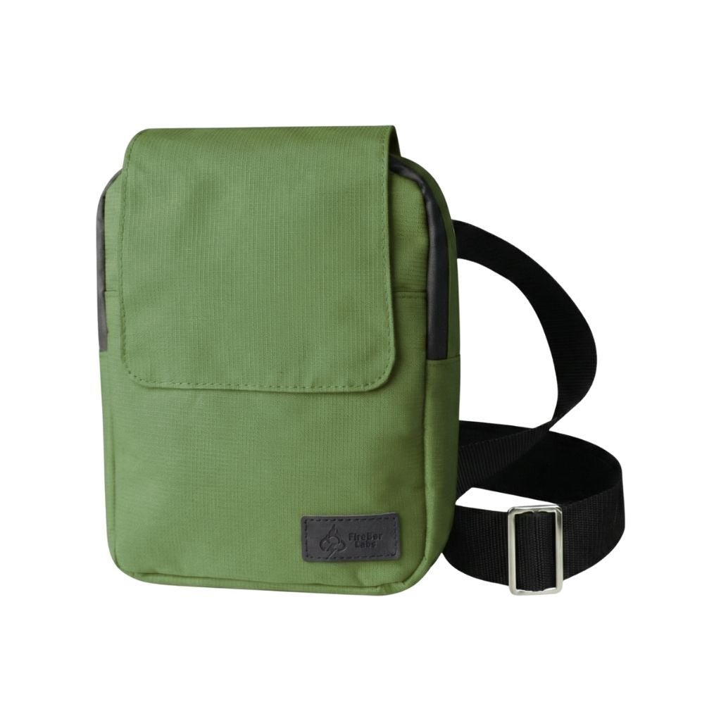 Olive green ripstop messenger bag with flap front, adjustable strap, and front label patch.
