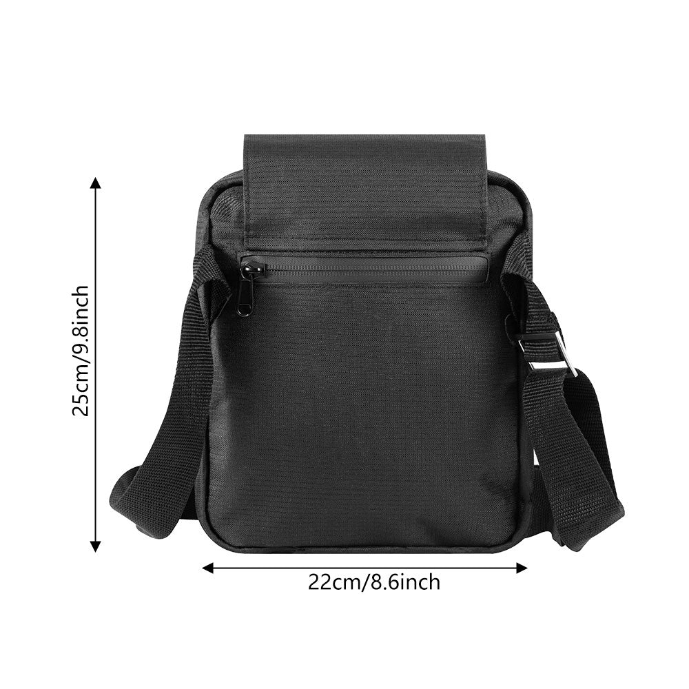 Black ripstop messenger bag with top flap, front zipper pocket, and adjustable shoulder strap.