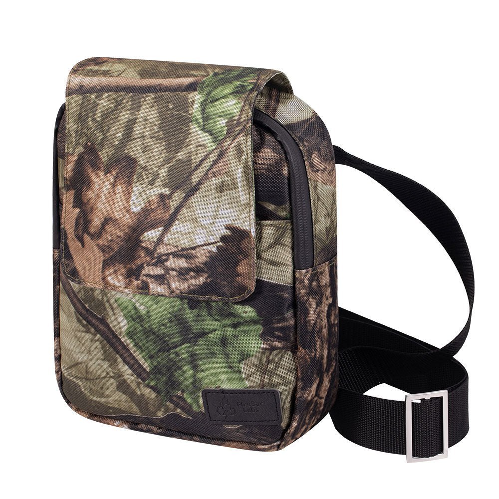 Camo ripstop messenger bag with flap front, adjustable strap, and front label patch.