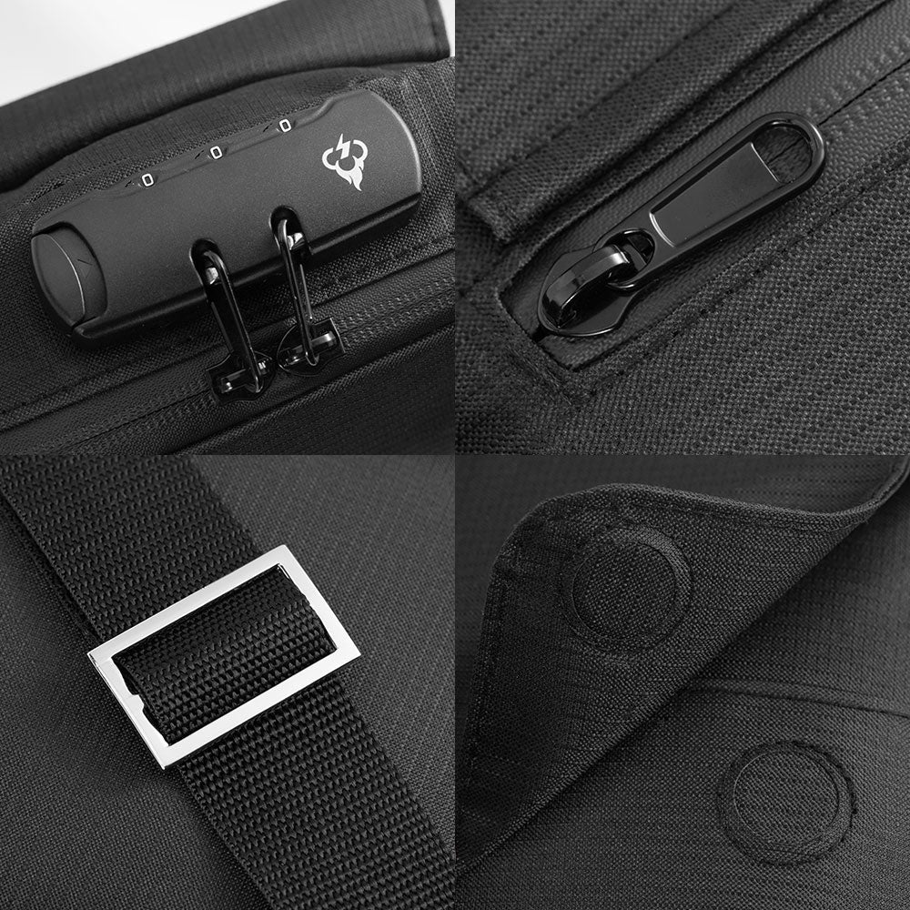 Close-up of black messenger bag zipper track, strap hardware, and front pocket detail.
