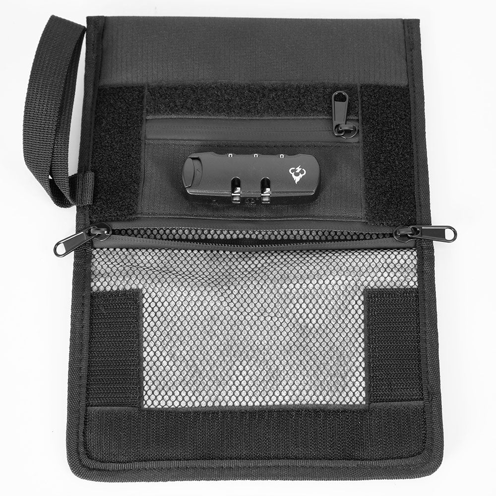 Black smell-proof travel wallet open with internal mesh pocket and lock compartment
