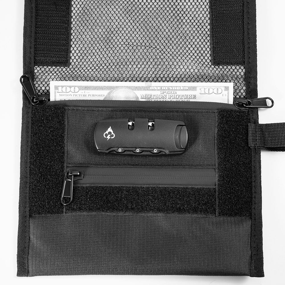 Smell-proof travel wallet interior with zipper pocket, mesh window, and small organizer
