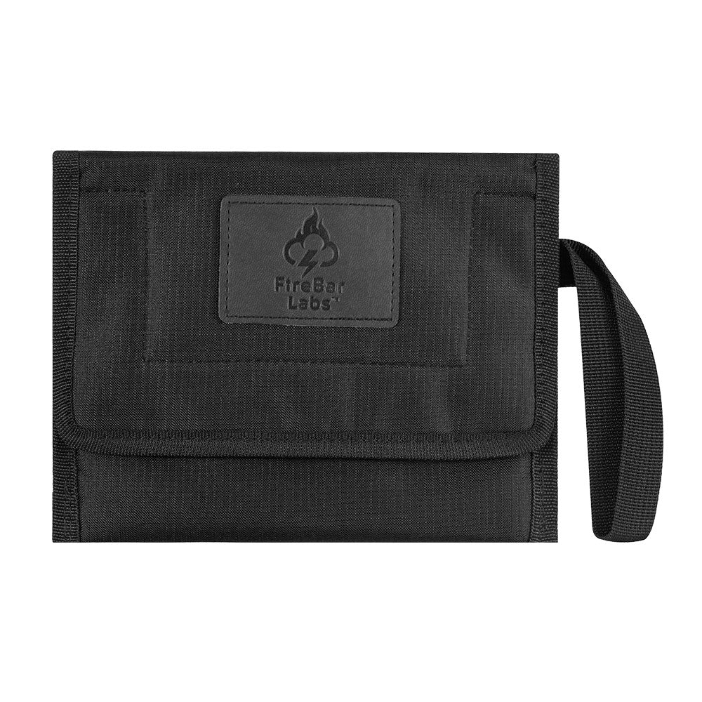 Smell-proof travel wallet in stealth black with wrist strap and FireBar Labs logo patch
