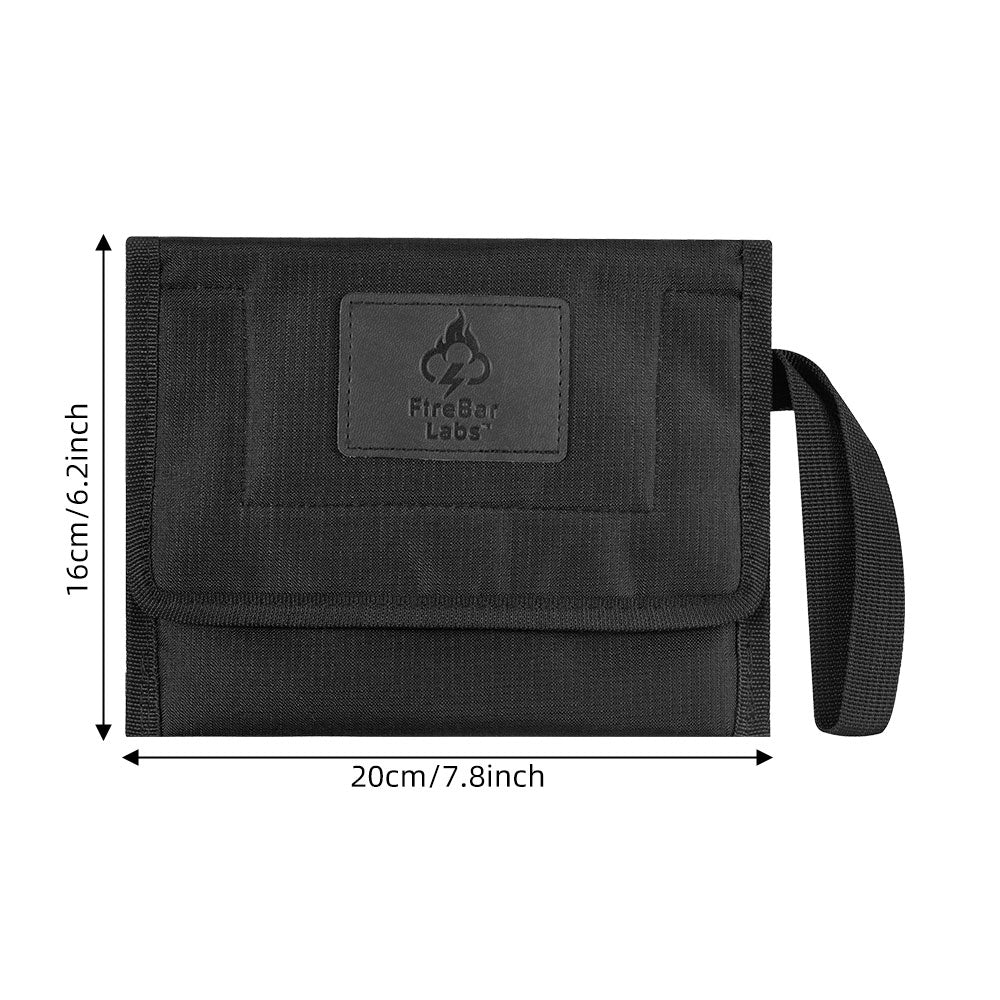 Smell-proof travel wallet in stealth black with wrist strap and FireBar Labs logo patch