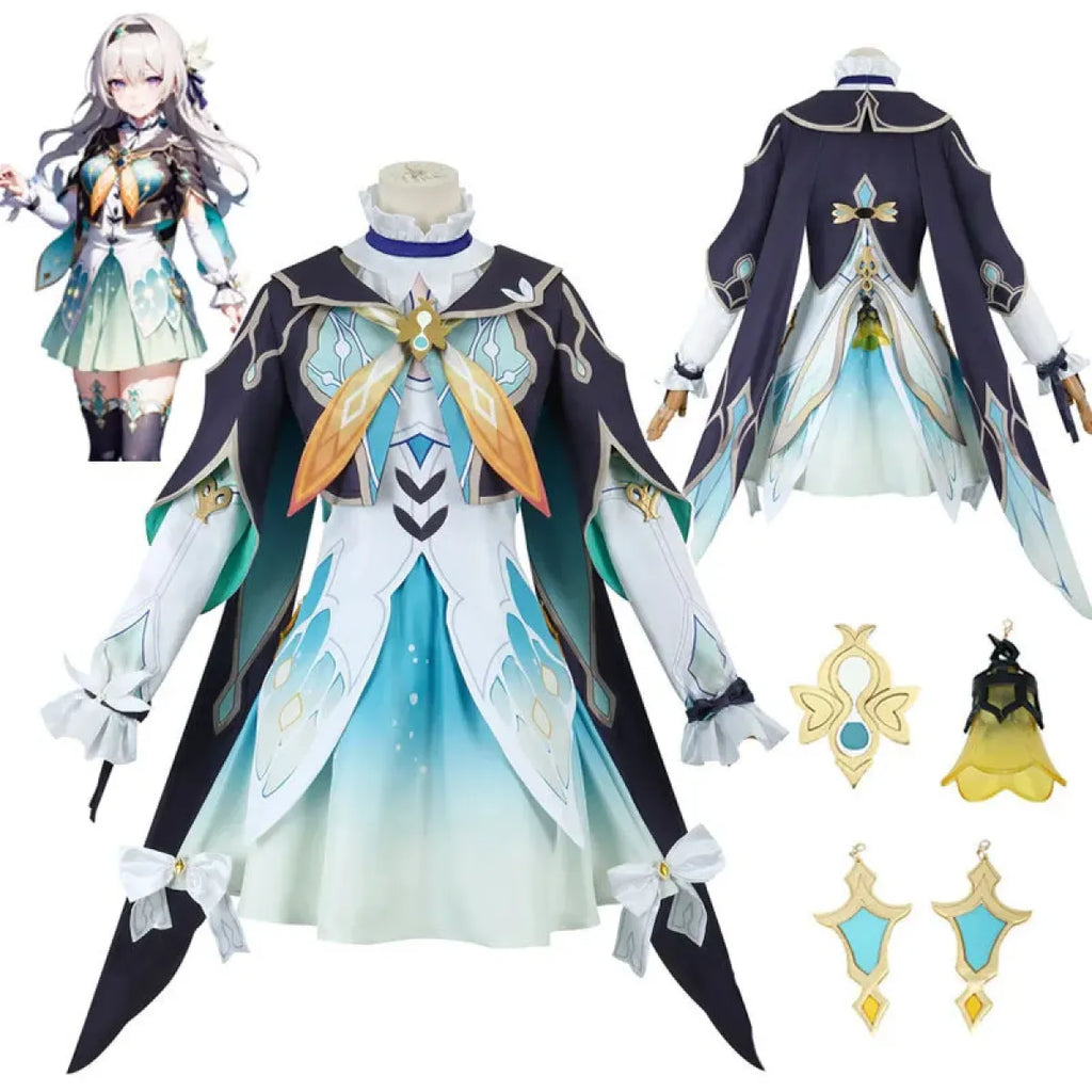 Cosplay costume set with navy shoulder coat, aqua-blue skirt dress, and gold neck emblem