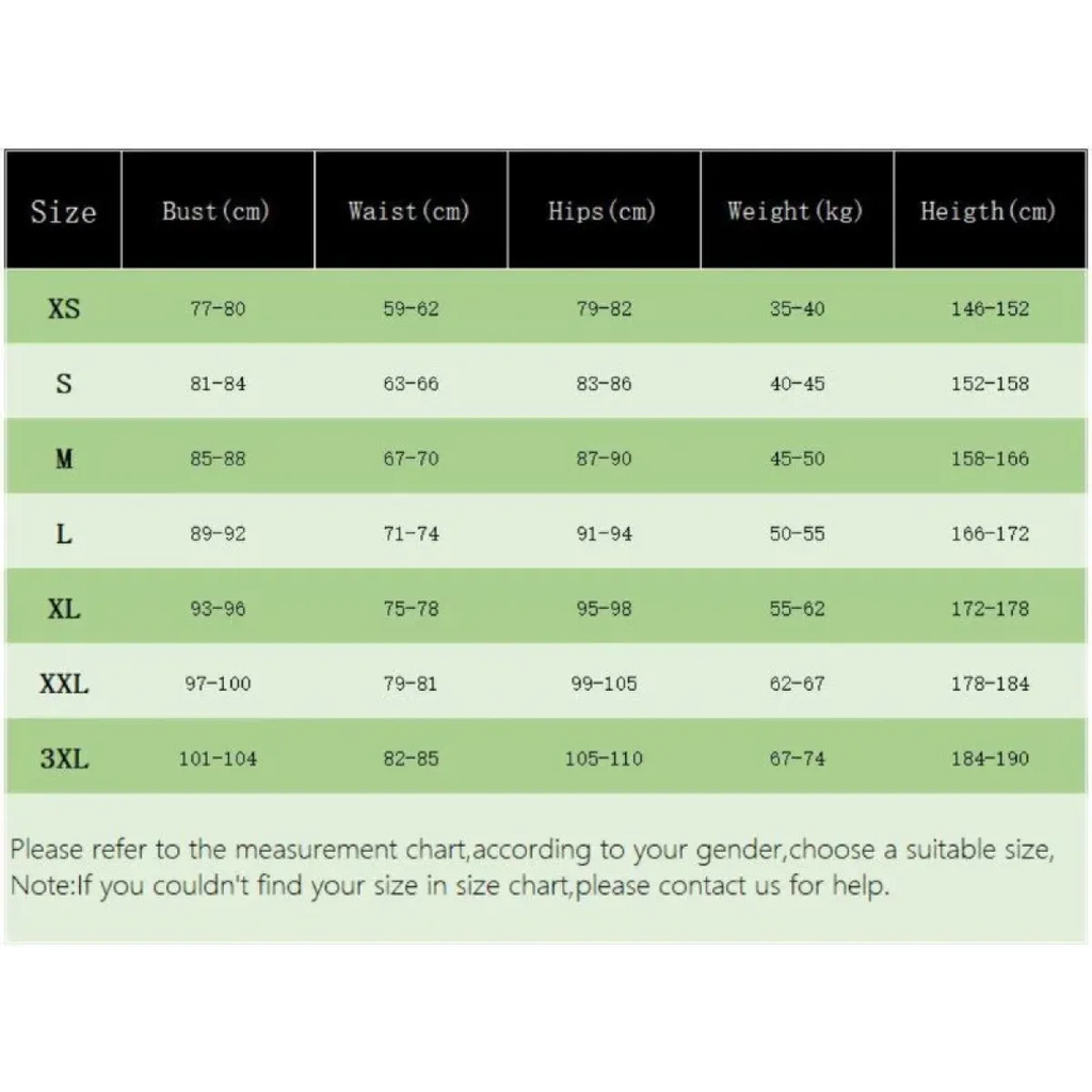 Size chart table with XS–3XL bust, waist, hips, weight, and height measurements