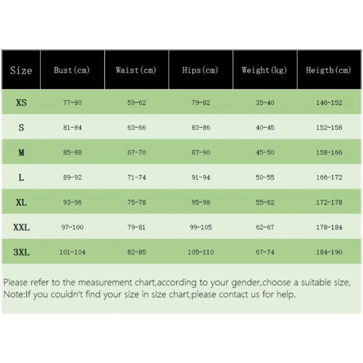 Size chart table with XS–3XL bust, waist, hips, weight, and height measurements