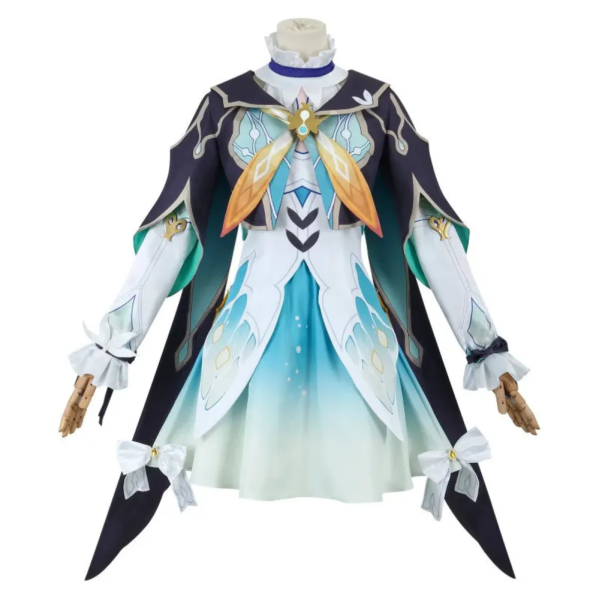 Front view of navy-and-aqua cosplay coat with light blue dress and gold bow collar