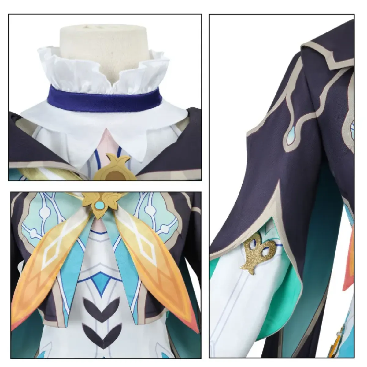 Close-up of navy coat collar with gold bow ornament and light blue panel detailing