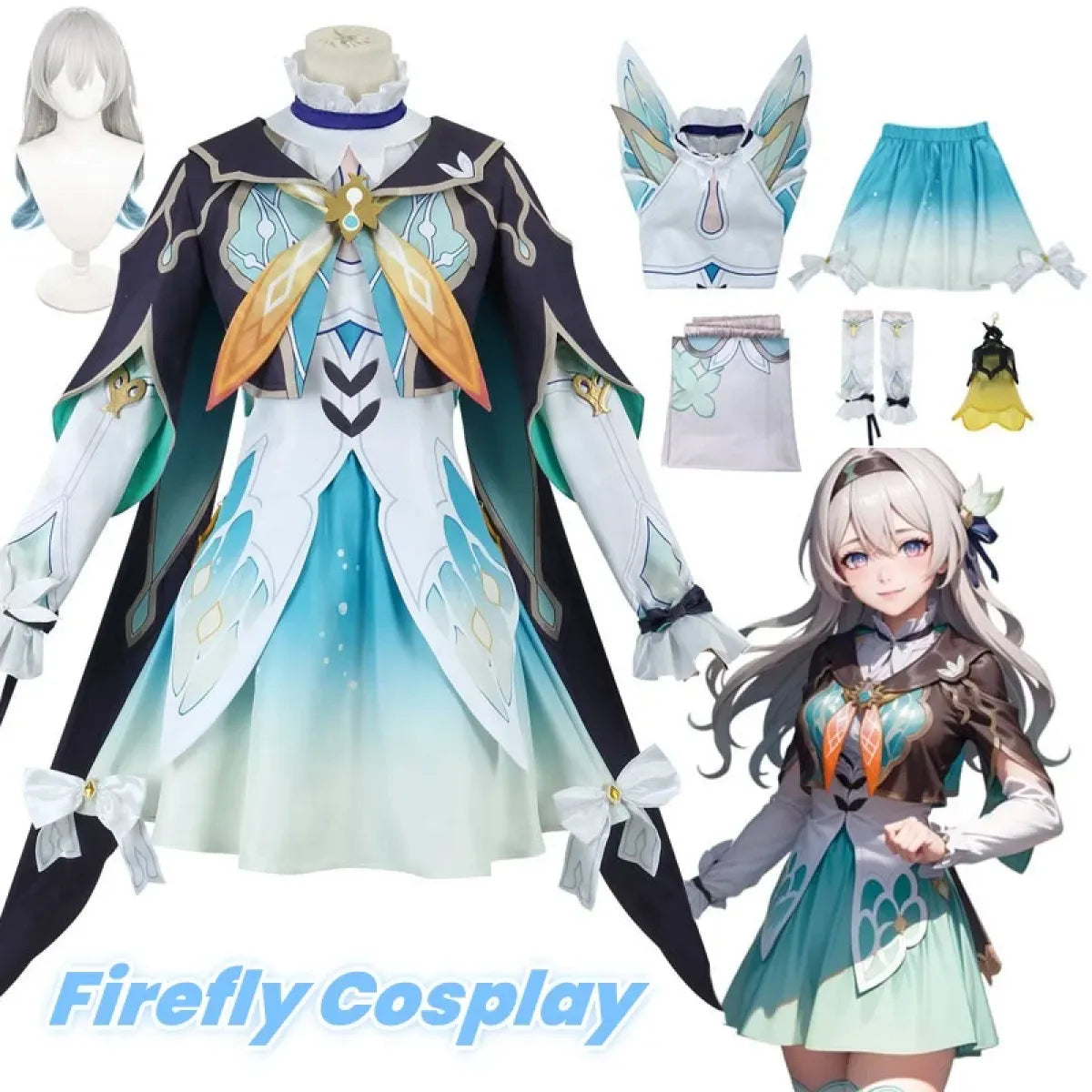 Cosplay dress costume set with navy coat, light blue dress, and gold bow collar