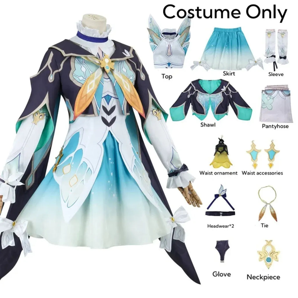 Cosplay costume outfit with navy top, light blue skirt, white sleeves, and gold neckpiece