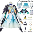 Cosplay costume outfit with navy top, light blue skirt, white sleeves, and gold neckpiece