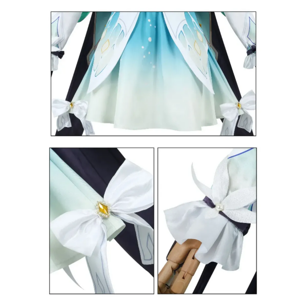 Light blue and white layered skirt with navy sleeves and gold bow accents