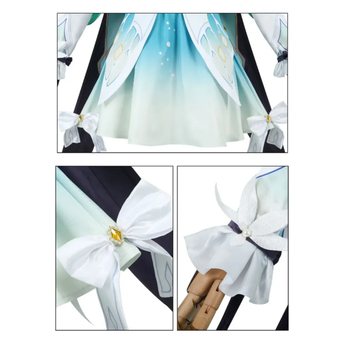 Light blue and white layered skirt with navy sleeves and gold bow accents