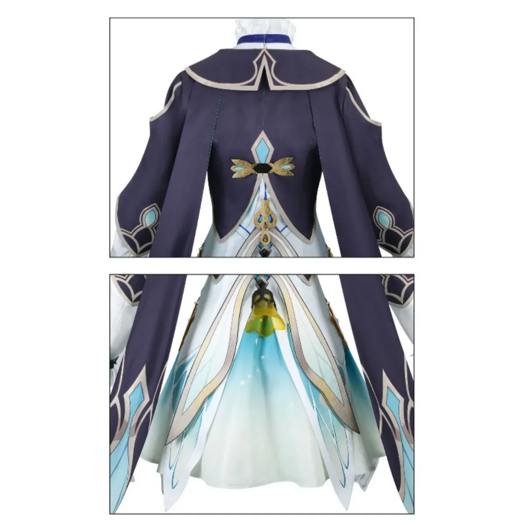 Back view of navy jacket with gold emblem and flowing light blue pleated skirt