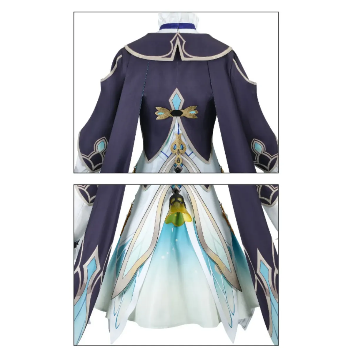 Back view of navy jacket with gold emblem and flowing light blue pleated skirt