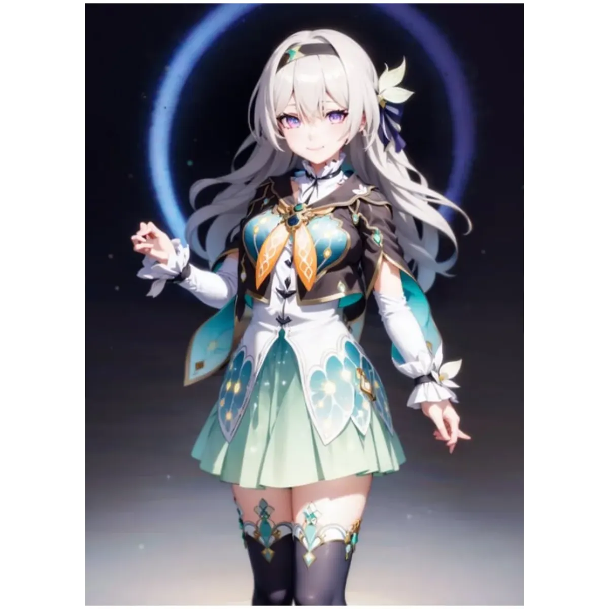 Cosplay dress outfit on model with aqua-green skirt, white gloves, and gold neck pendant