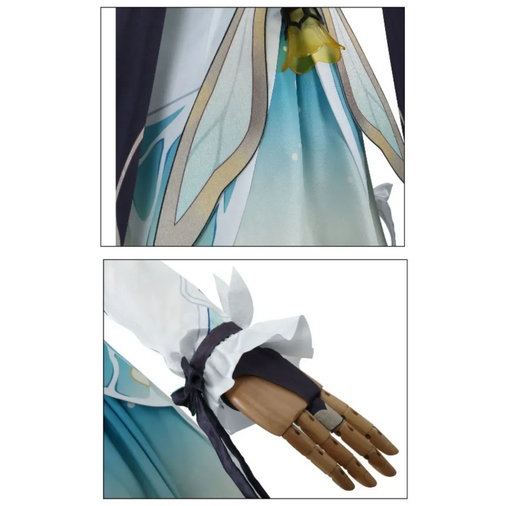 Close-up of light blue pleated skirt panels with white and teal fabric accents